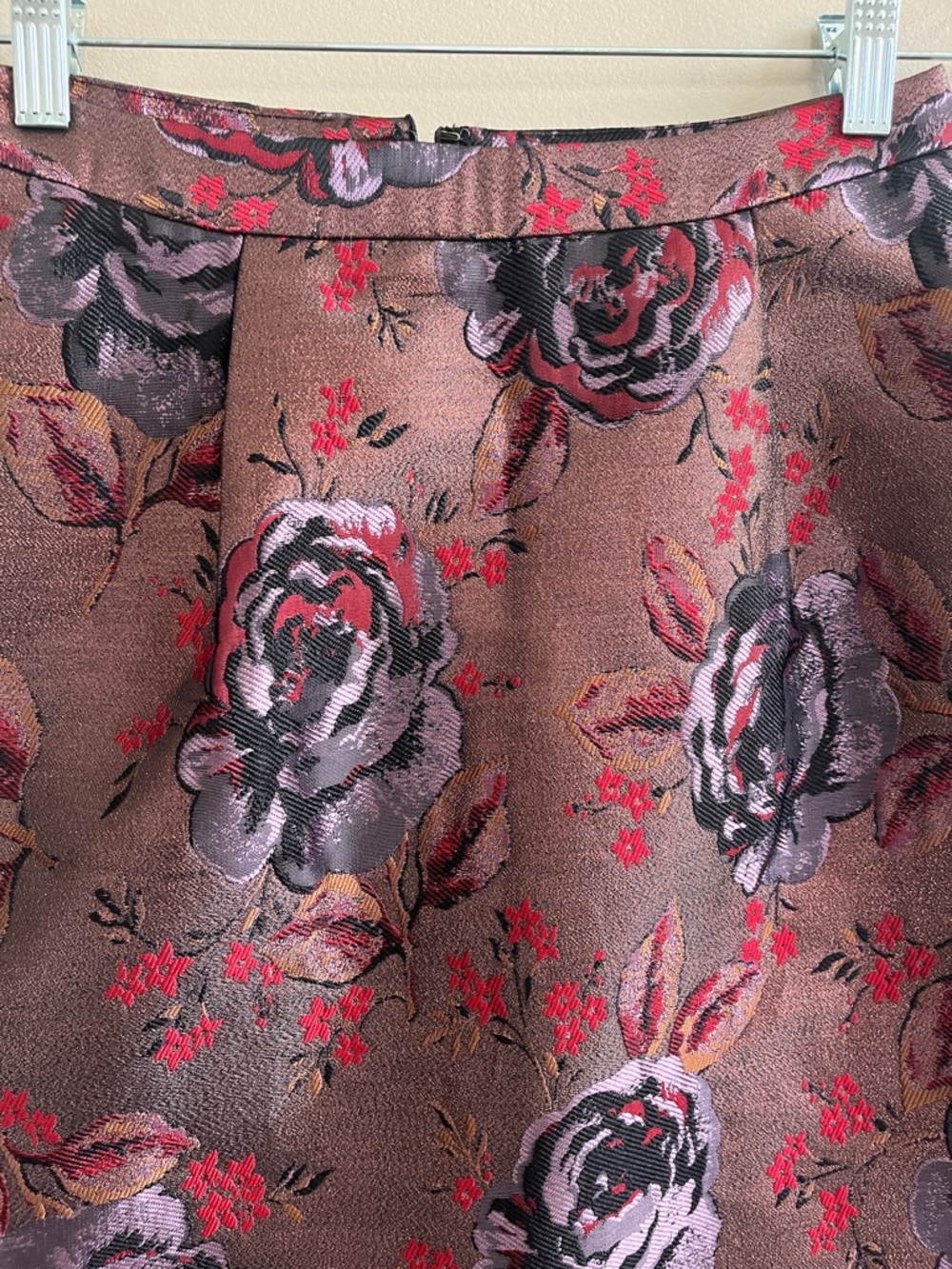 Cath Kidston Jacquard Rose Print A line Skirt in red purple brown size 8 - Picture 2 of 14
